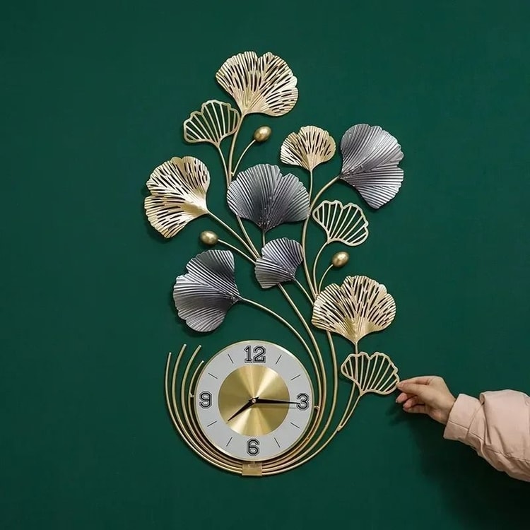 Ginkgo Leaf Metal Wall Clock Large Silent Decorative Wall Art for Living Room and Home