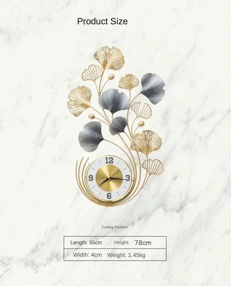 Ginkgo Leaf Metal Wall Clock Large Silent Decorative Wall Art for Living Room and Home