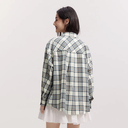 Women's Shirt, Vintage Checkered Top, Oversize Long Sleeve, Mid Long Style, Spring New Fashion