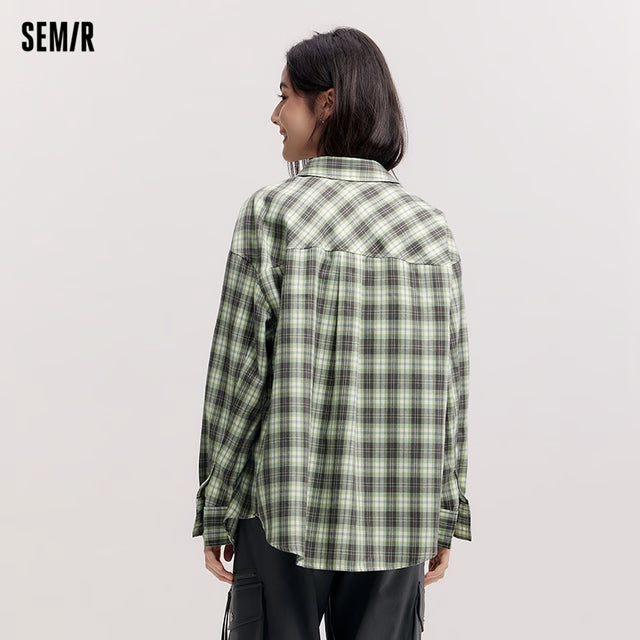 Women's Shirt, Vintage Checkered Top, Oversize Long Sleeve, Mid Long Style, Spring New Fashion