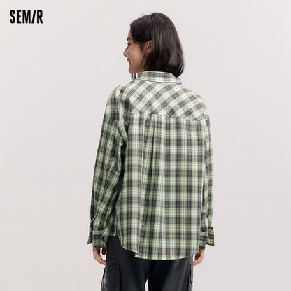 Women's Shirt, Vintage Checkered Top, Oversize Long Sleeve, Mid Long Style, Spring New Fashion