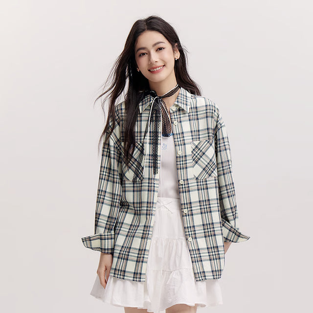 Women's Shirt, Vintage Checkered Top, Oversize Long Sleeve, Mid Long Style, Spring New Fashion