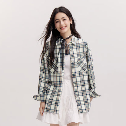 Women's Shirt, Vintage Checkered Top, Oversize Long Sleeve, Mid Long Style, Spring New Fashion