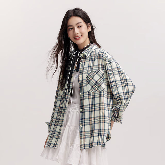 Women's Shirt, Vintage Checkered Top, Oversize Long Sleeve, Mid Long Style, Spring New Fashion
