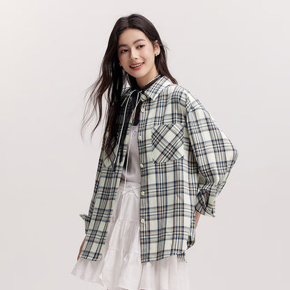 Women's Shirt, Vintage Checkered Top, Oversize Long Sleeve, Mid Long Style, Spring New Fashion
