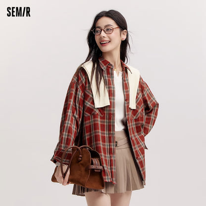 Women's Shirt, Vintage Checkered Top, Oversize Long Sleeve, Mid Long Style, Spring New Fashion