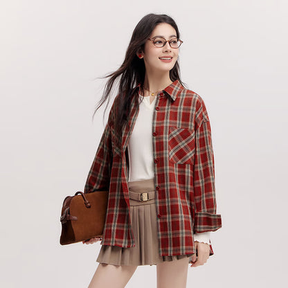 Women's Shirt, Vintage Checkered Top, Oversize Long Sleeve, Mid Long Style, Spring New Fashion