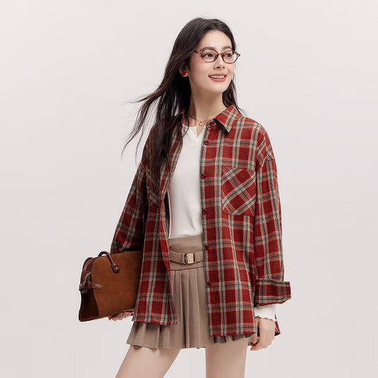 Women's Shirt, Vintage Checkered Top, Oversize Long Sleeve, Mid Long Style, Spring New Fashion