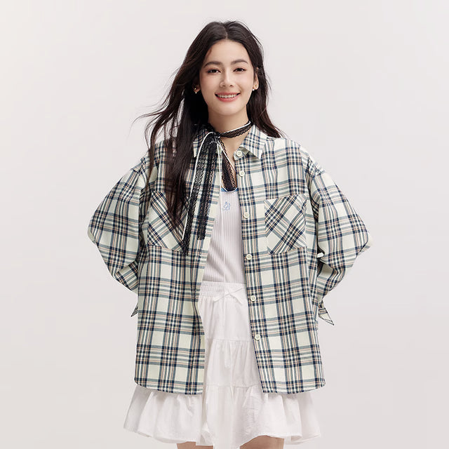 Women's Shirt, Vintage Checkered Top, Oversize Long Sleeve, Mid Long Style, Spring New Fashion