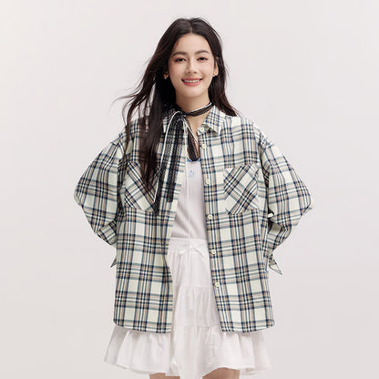 Women's Shirt, Vintage Checkered Top, Oversize Long Sleeve, Mid Long Style, Spring New Fashion