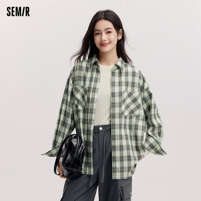 Women's Shirt, Vintage Checkered Top, Oversize Long Sleeve, Mid Long Style, Spring New Fashion