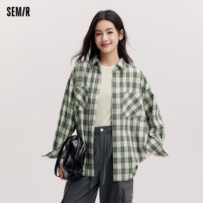 Women's Shirt, Vintage Checkered Top, Oversize Long Sleeve, Mid Long Style, Spring New Fashion